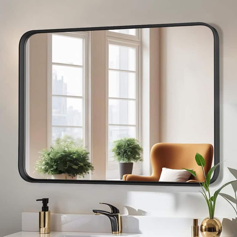 Black Aluminum Alloy Framed Vanity Rounded Rectangle Bathroom Mirrors for Over Sink Wall, Horizontally or Vertically Hanging - 40"*30"