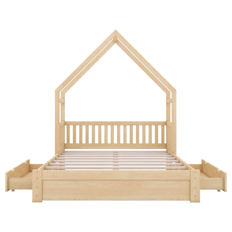 House Platform Bed with Guardrail and 2 Drawers