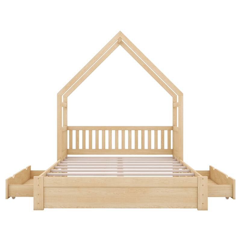 Queen House Bed with Safety Guardrail and Under-Bed Drawers for Storage - Ideal for Kids' Rooms, Small Space