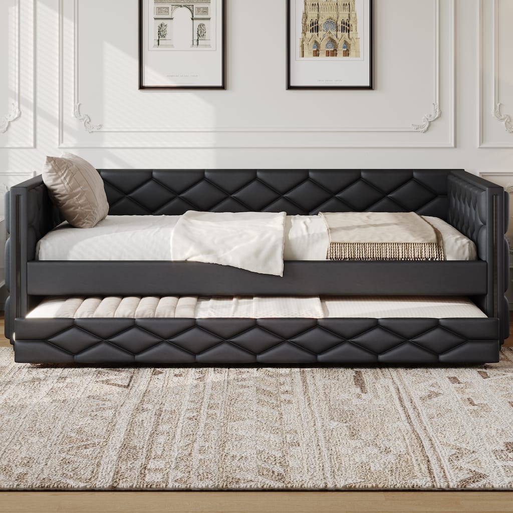 Full XL Size PU Leather Tufted Daybed with Trundle, LED Platform Sofa Bed Frame with Slat Support
