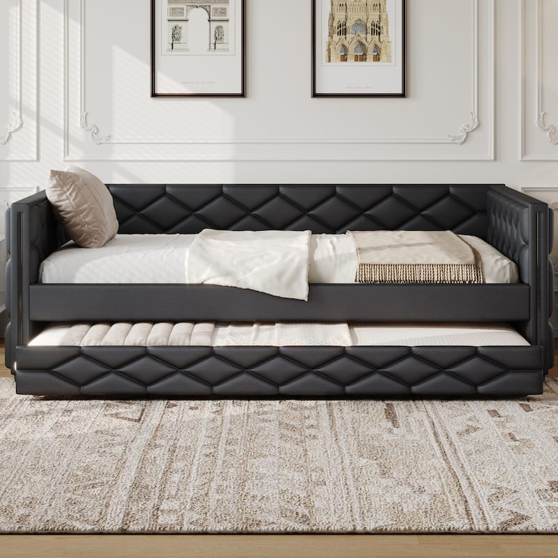 Full XL Size PU Leather Tufted Daybed with Trundle, LED Platform Sofa Bed Frame with Slat Support - Black - Full