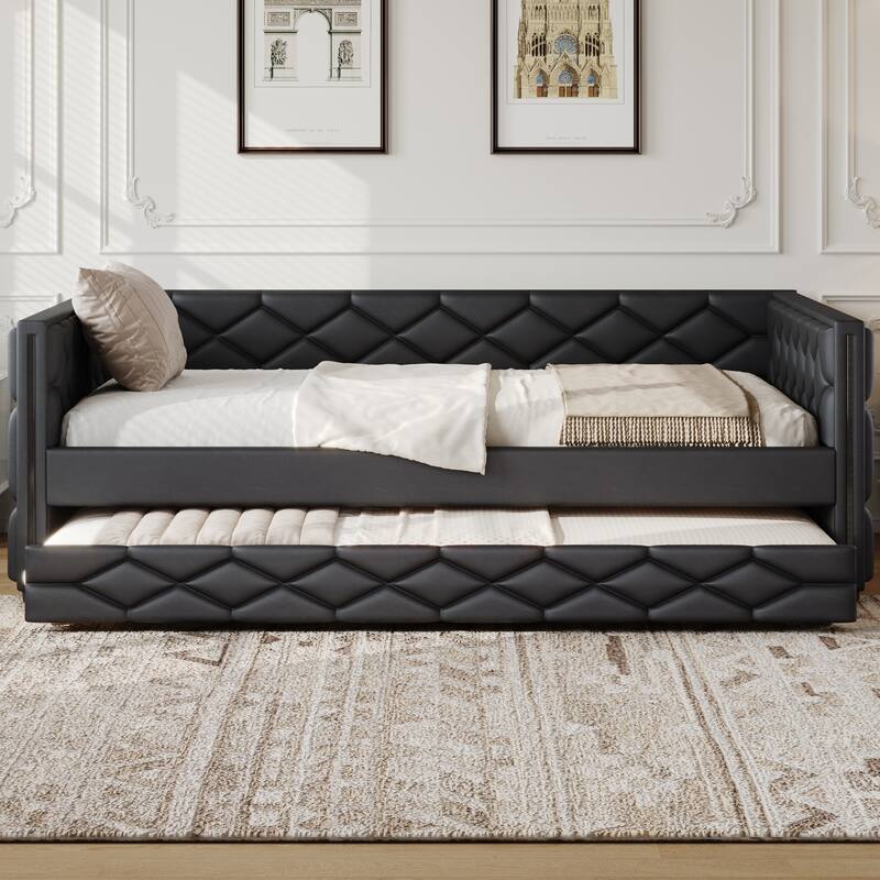 Full XL Upholstered Daybed with Trundle and LED Lighting, Black PU Leather Sofa Bed