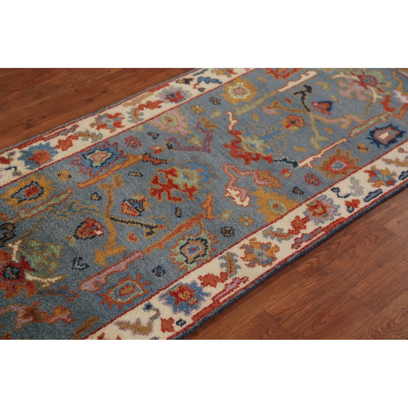 Blue Gray Floral Oushak Indian Foyer Rug Hand-Knotted Wool Carpet - 2'6"x 5'11"