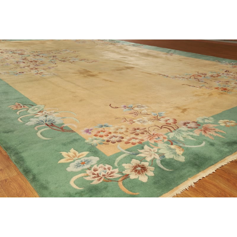 Vegetable Dye Vintage Art Deco Nichols Chinese Large Wool Carpet - 11'10" x 17'9" - 11'10" x 17'9" - Yellow