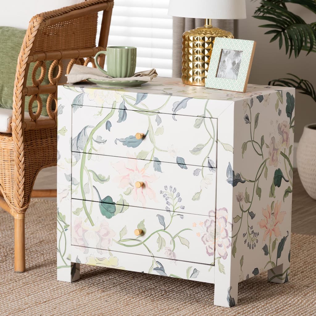 Connery Floral End Table - 3-Drawer Decorative Accent Storage Cabinet