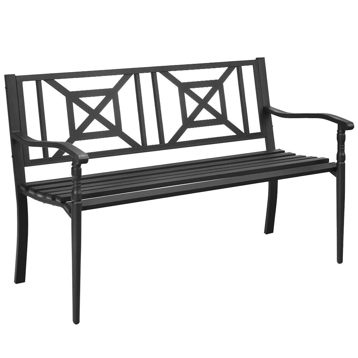 Shop Patio Garden Bench Steel Frame Park Yard Outdoor Furniture Black Overstock 32305948