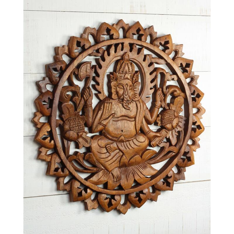 Hand Carved Wooden Ganesha Wall Panel Hindu Elephant God Art, Lotus Floral Mandala