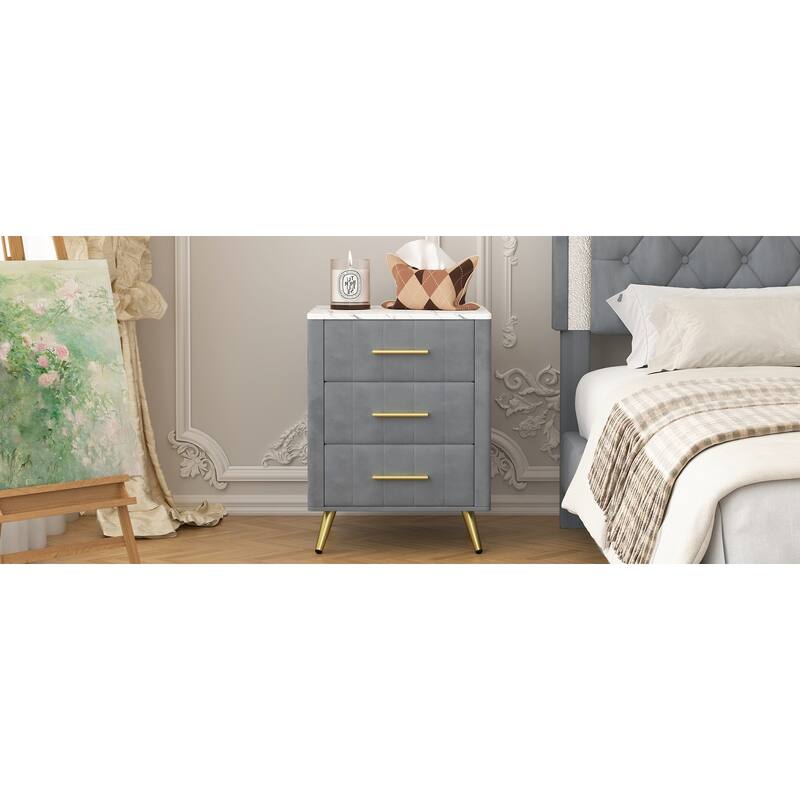 Upholstered Wooden Nightstand with 3 Drawers and Metal Legs&Handles, Bedside Table with Marbling Stickers Worktop