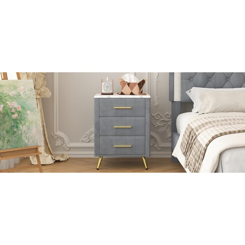 Velvet Upholstered Nightstand with 3 Drawers, Small Wooden Storage Cabinet, Side Table with Marble Top, Metal Legs & Handles