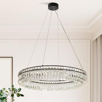 Modern Farmhouse LED Wheel Chandelier Drum Black Dining Room Pendant Lights With Crystal - W 33.5" x H 5.9"
