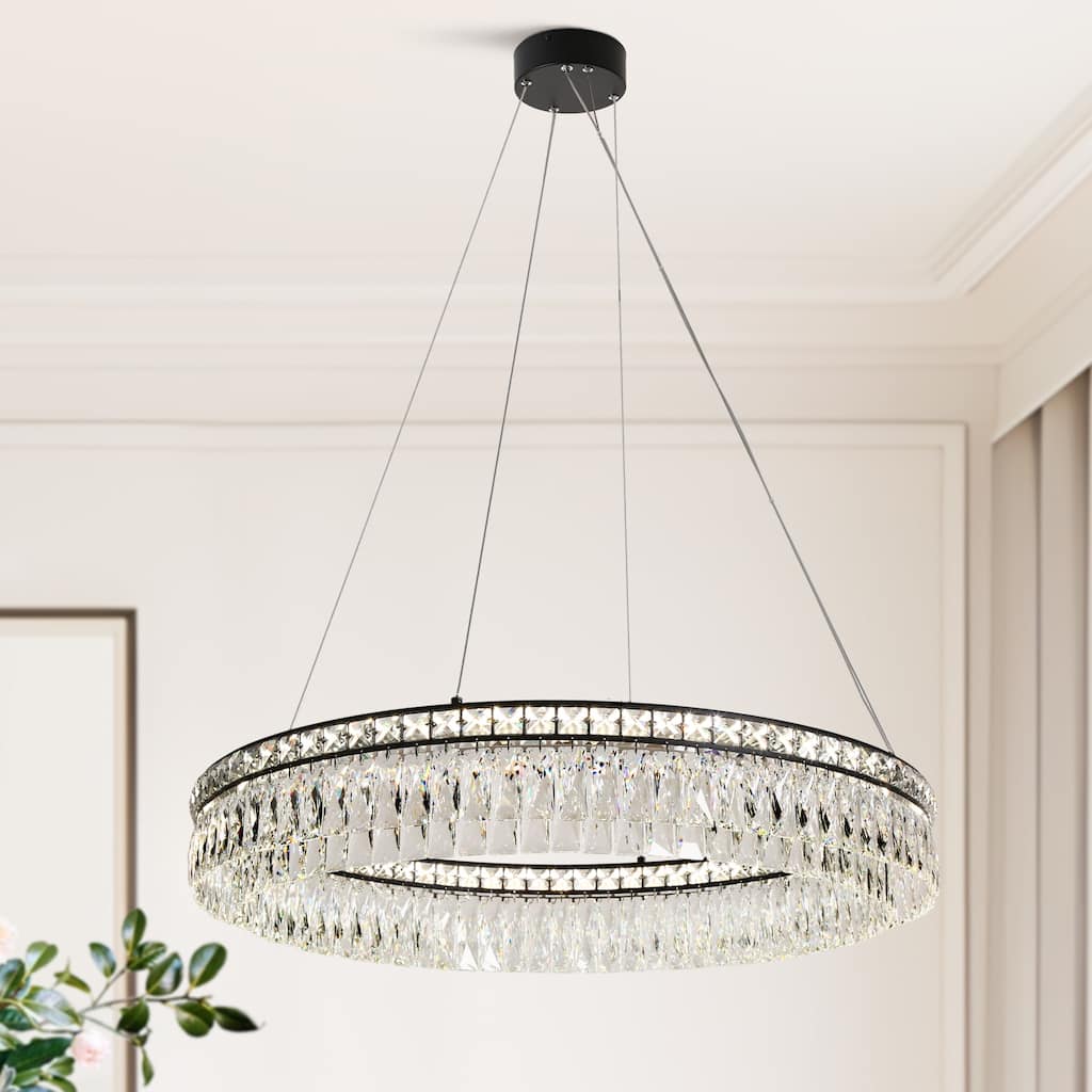 Modern Farmhouse LED Wheel Chandelier Drum Black Dining Room Pendant Lights With Crystal - W 33.5" x H 5.9"