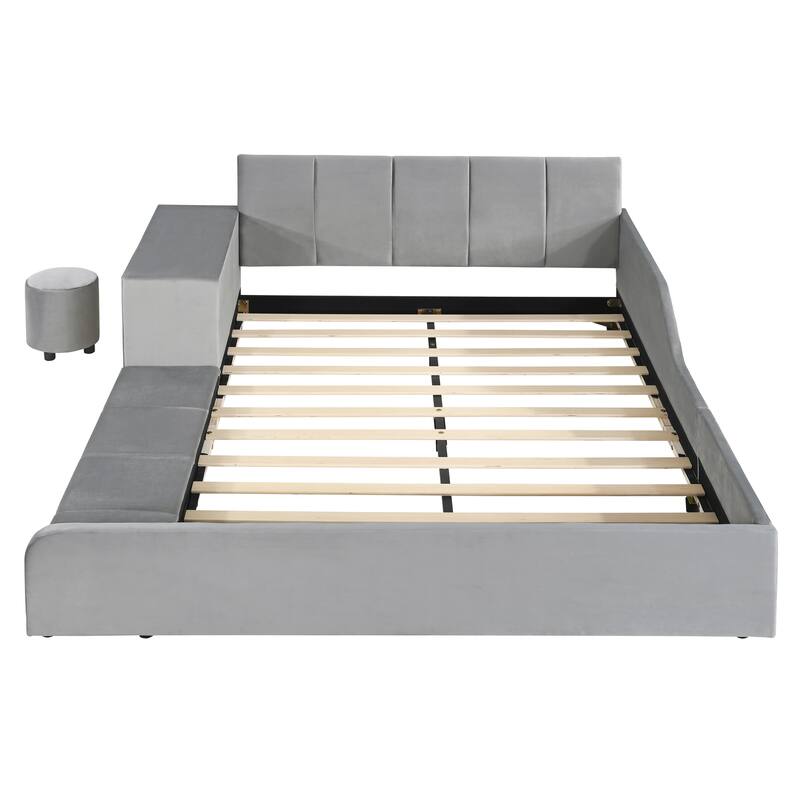 Full Size Upholstered Grounded Bed, Mother & Child Bed with Bedside Desk and Little Round Stool