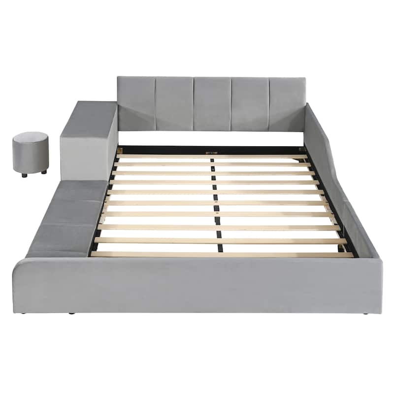 Full Size Velvet Upholstered Platform Bed w/ Bedside Desk & Stool, Mother & Child Platform Bed Frame w/ Footboard & Guardrail