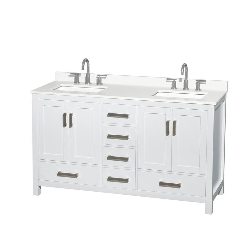 Sheffield 60-inch Double Vanity, 3 Hole Quartz Top - White, Chrome Trim, White Quartz Top