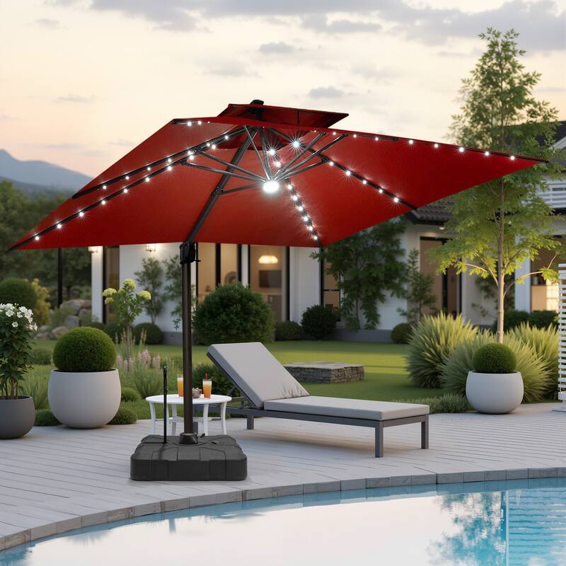 Pellebant 11 FT Square Outdoor Patio Double Top Cantilever Umbrella Solar LED Lighted with Rod Base