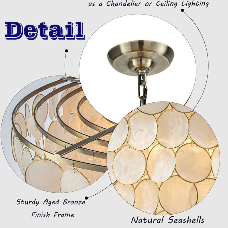 6-Light 24'' Wide Modern Coastal Aged Bronze Natural Capiz Shell Tiered Chandelier Vintage Glam Pendant For Living Room - W24''