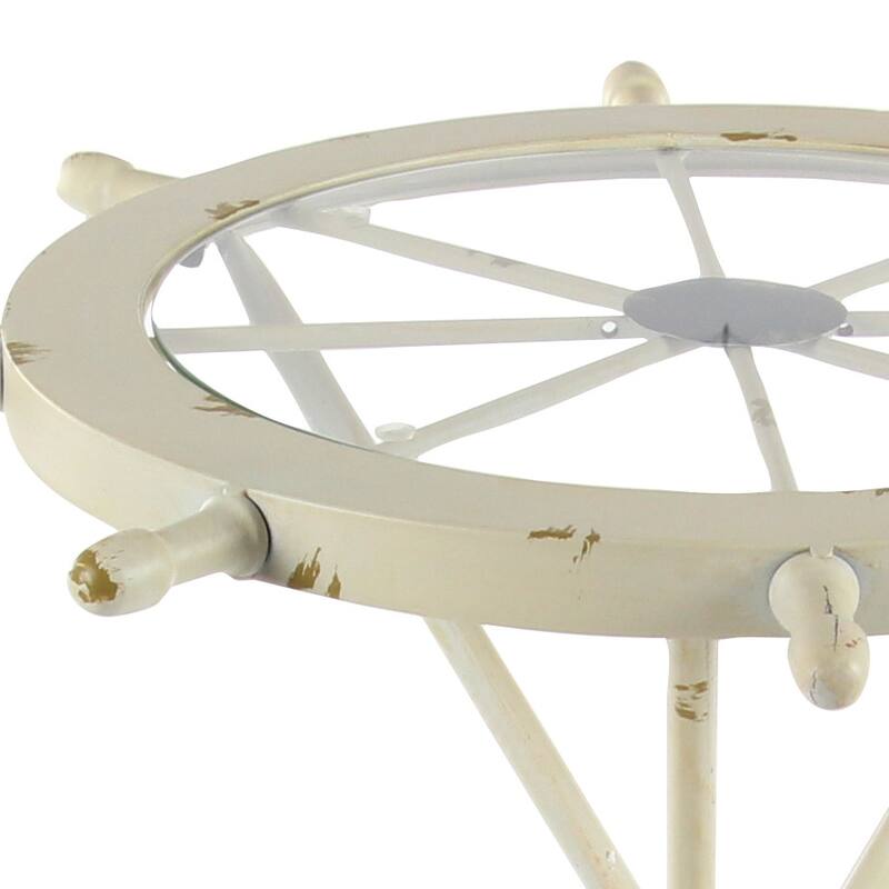 White Metal Ship Wheel Top Accent Table with Oar Shaped Legs