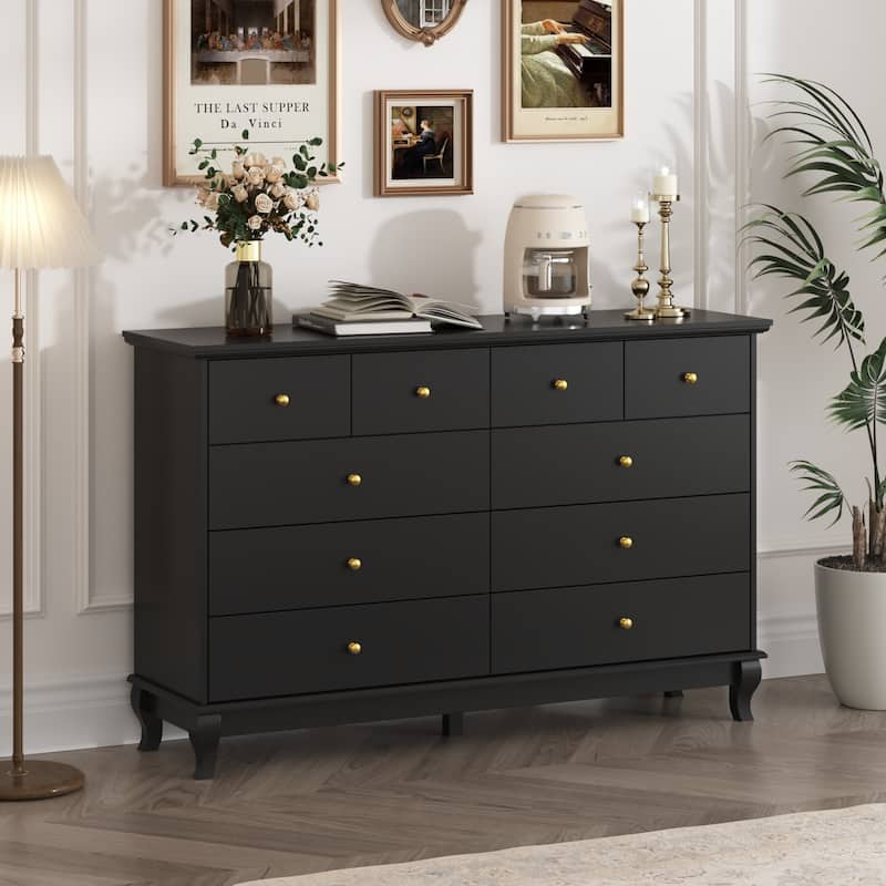 Black 8 Drawer Dresser with Solid Wood Legs, Modern Double Dresser Storage Cabinet for Bedroom, 55.1" Wide
