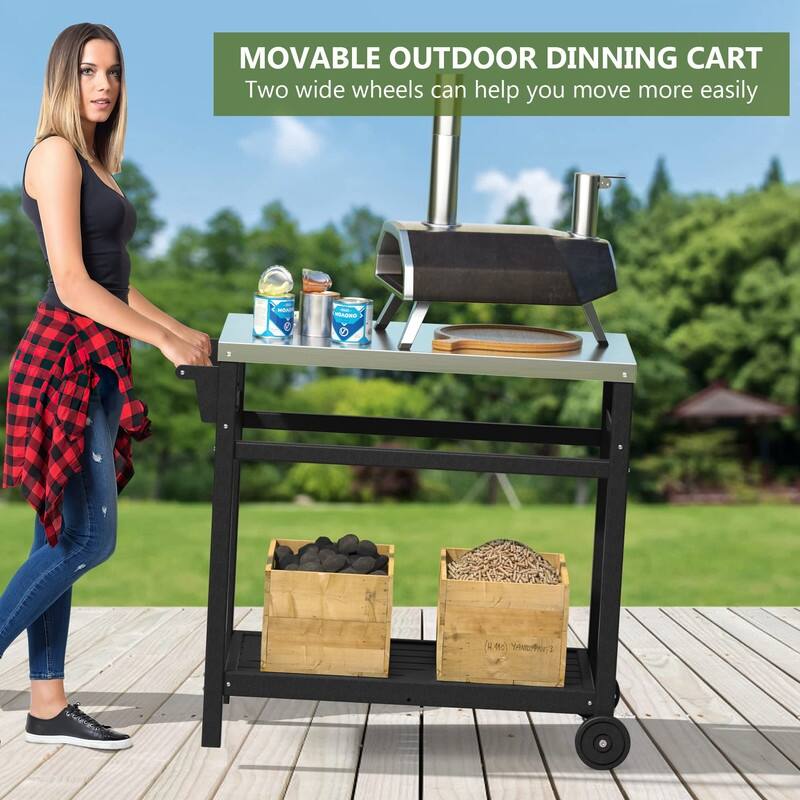 Portable Outdoor Grill Cart with HDPE Legs,Stainless Steel Top&Double-Shelf Storage for BBQ Prep Table