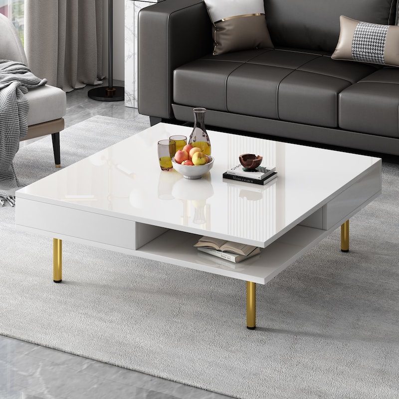 Roomfitters Square High Gloss Coffee Table with Golden Legs, Modern 2-Tier Center Table with Hidden Storage