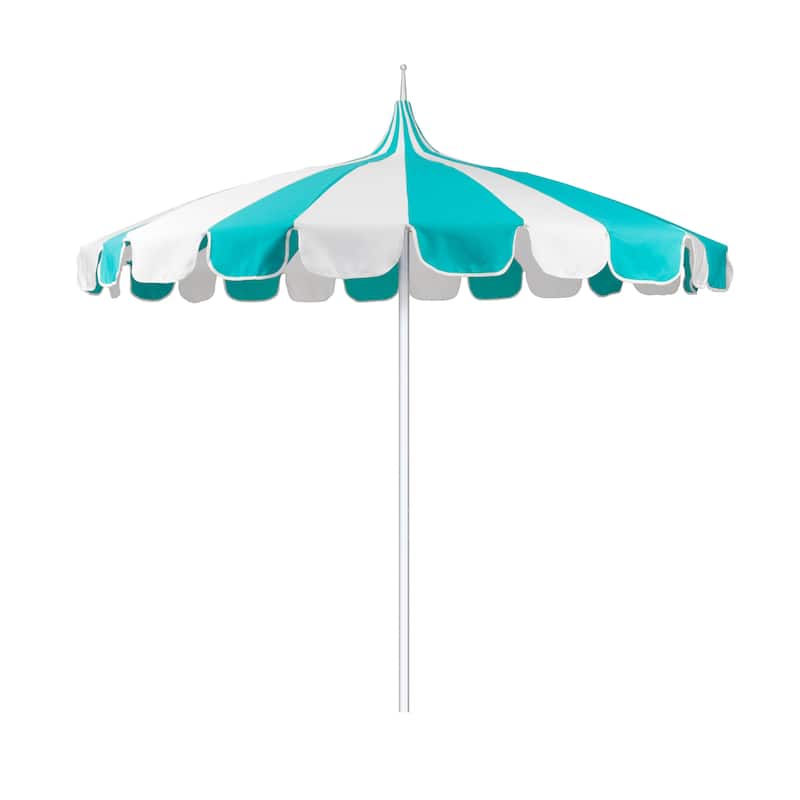 California Umbrella 8.5' Pagoda Series Patio Umbrella Silver Anodized Aluminum Pole Push Lift Sunbrella Natural & Pacific Blue - Natural and Aruba