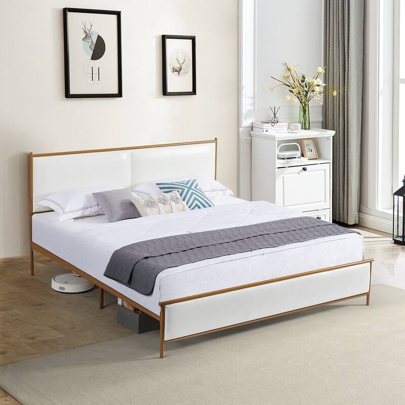 Classic Metal Platform bed with support legs - White - King