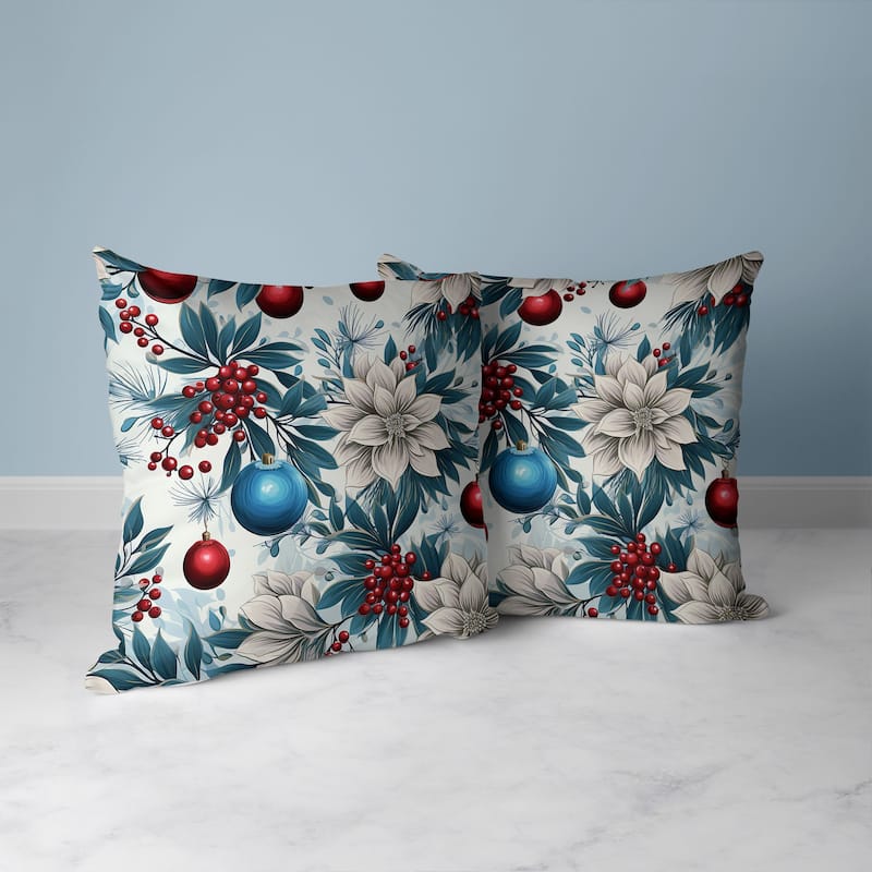 Blue And Red Festive Flurries Indoor/Outdoor Throw Pillow Zipper