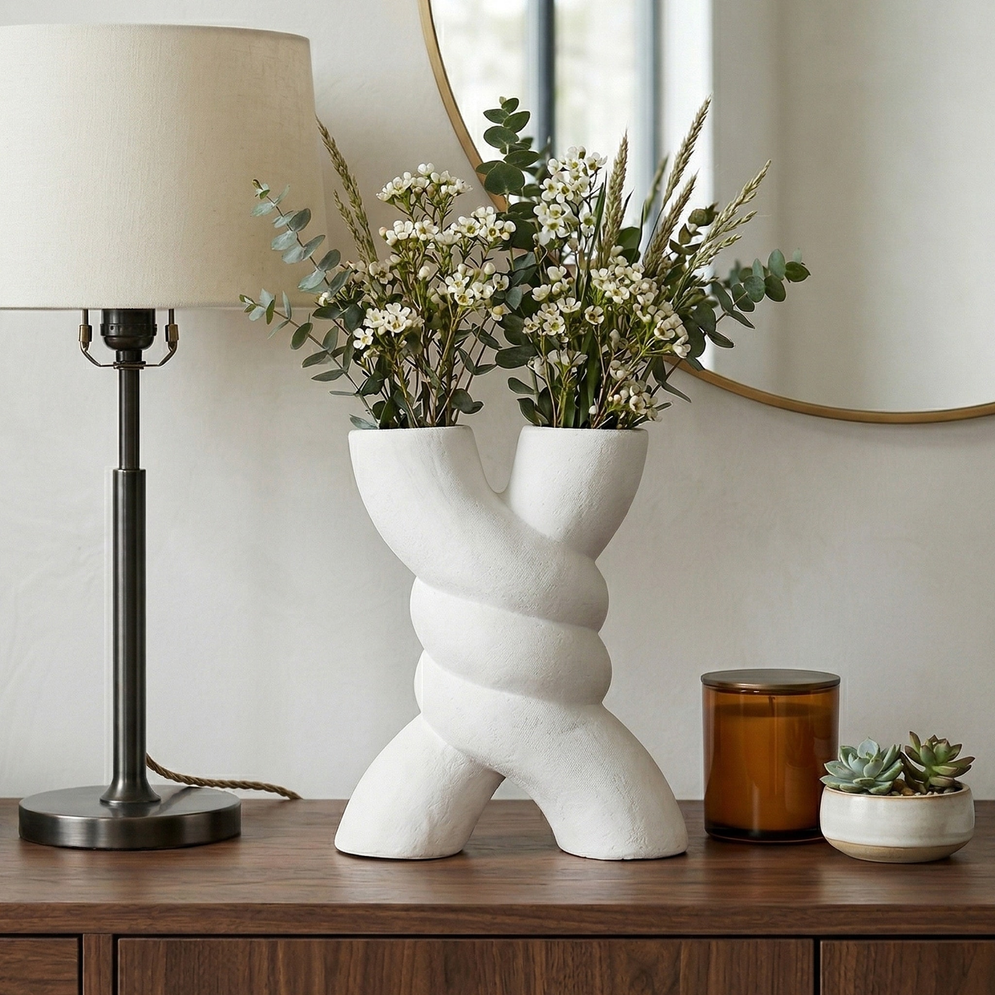 Decorative Vase - White Ceramic Textured Twisted X Shape, 14