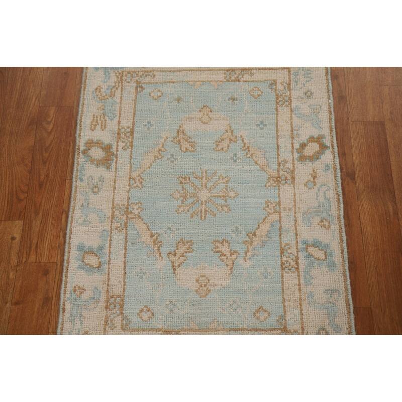 Hand Knotted Oriental 100% Wool Carpet Transitional Geometric Navy Blue & Blues Oushak Area Rug - 2' 11'' X 2' 0''