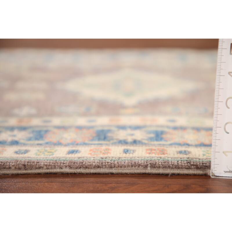 Geometric Kazak Oriental Accent Rug Hand-Knotted Beige Wool Carpet - 2'8"x 3'10"