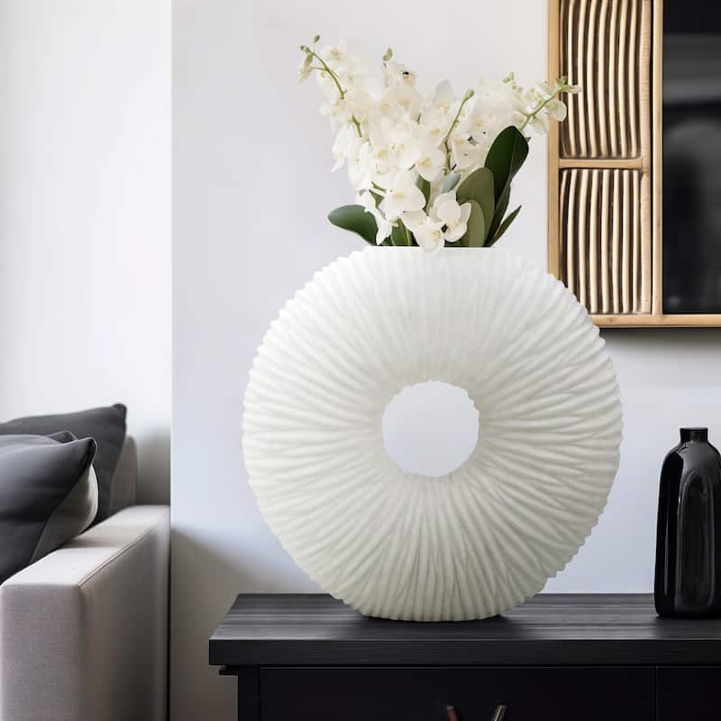 Sagebrook Home's Unique 21" Nataly Large Quartz Resin Vase - Elegant White Finish, Perfect for Modern Homes - Ribbed White - 21" x 7" x 21"