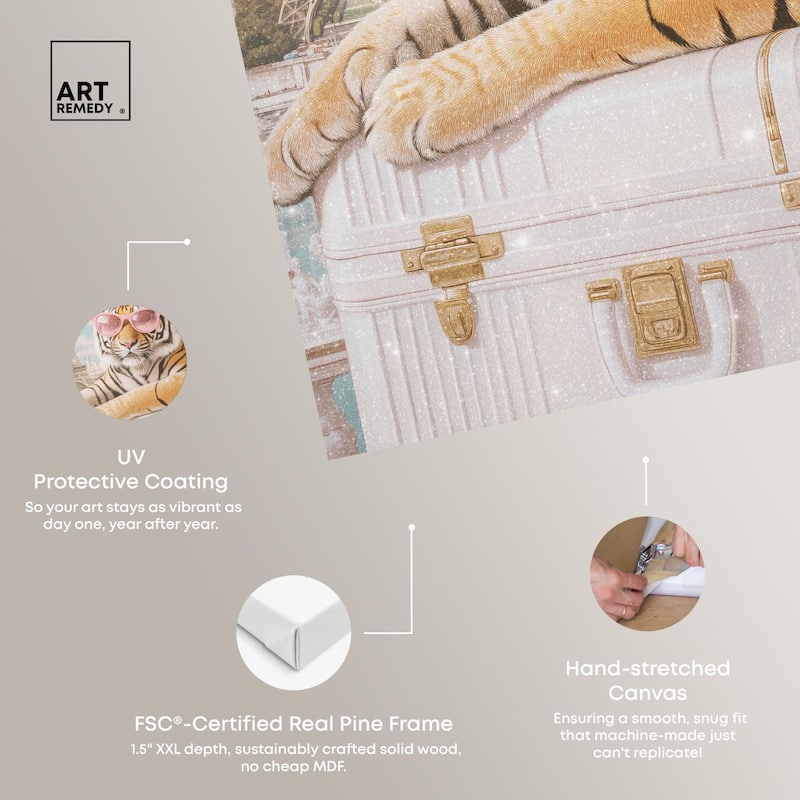 Tiger Luggage Paris Canvas by Art Remedy, Gallery Wrapped