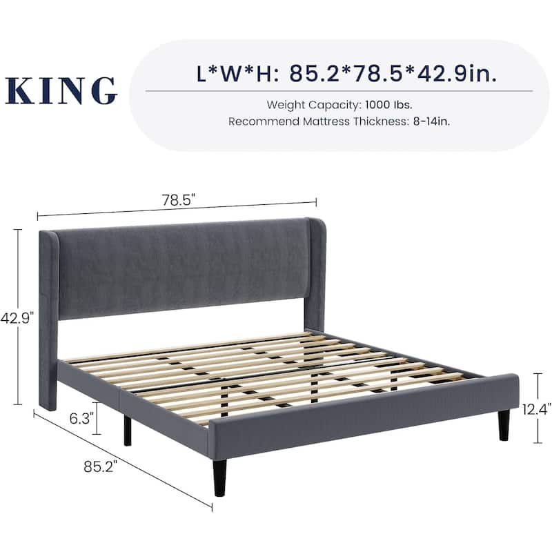 Platform Bed Frame with Upholstered Wingback Headboard