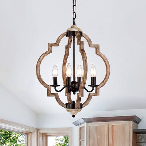 Wood Chandelier Black and Wood 4-Light Farmhouse Chandelier - Tan