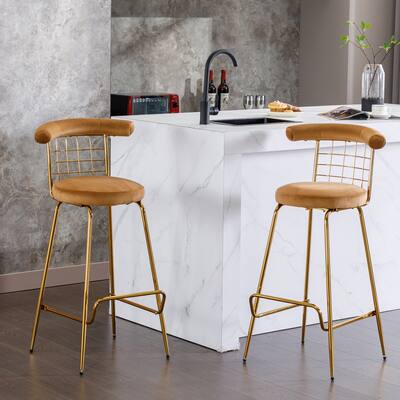 Upholstered Barstools Set of 2 Velvet Barstool Kitchen Dining Chairs, Camel