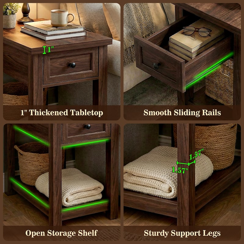 Farmhouse End Table with Wood Drawers and Charging Station, Sofa Side Table, Nightstand