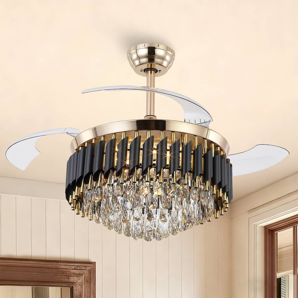 48" Crystal Fandelier Ceiling Fan with Light and Retractable Blades LED Dimmable for Bedroom Living Room - 48 Inches