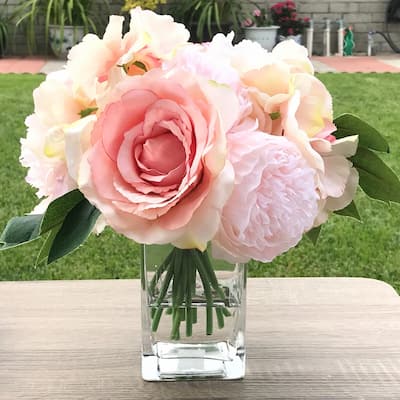 Enova Home Pink Artificial Silk Peony Roses and Hydrangea Mixed Faux Flowers Arrangement with Clear Glass Vase for Home Decor