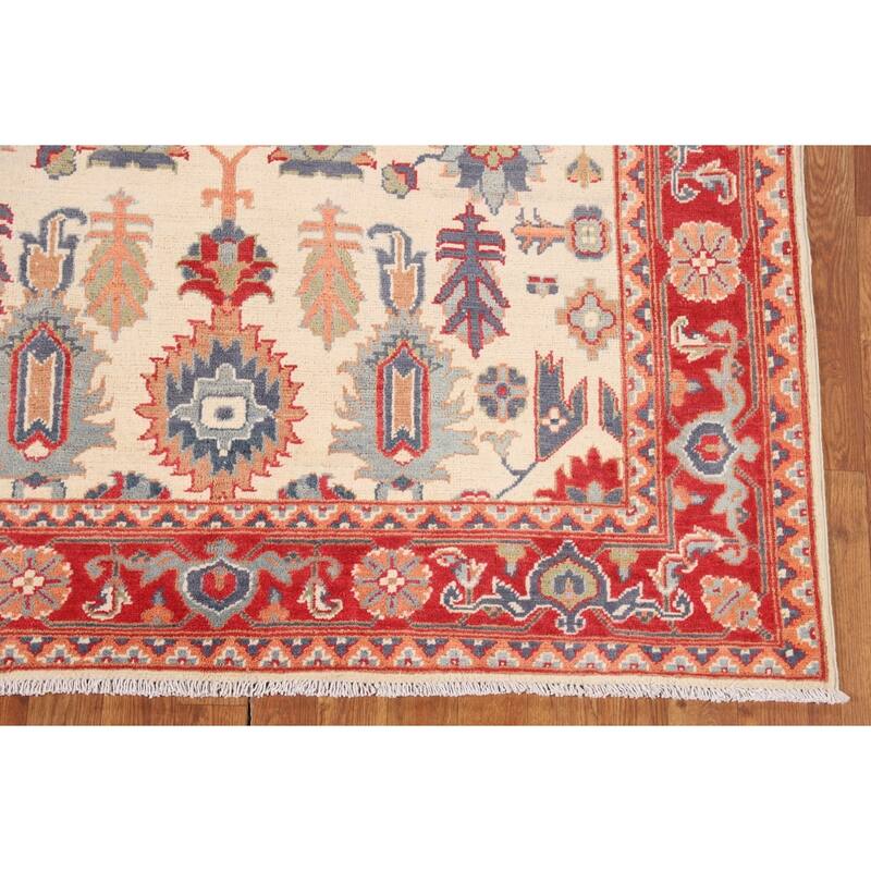 Blue Geometric Kazak Area Rug Hand-Knotted Oriental Wool Carpet - 4'11" x 6'7"