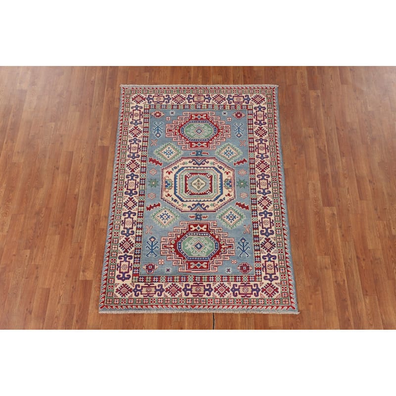 Light Blue Geometric Kazak Area Rug Hand-Knotted Wool Carpet - 4'0" x 5'10"