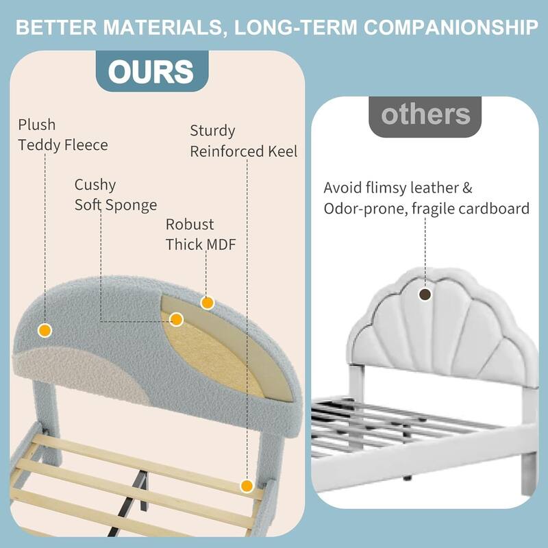 Twin Bed Frame, with Wooden Slats and Round Boucle Headboard