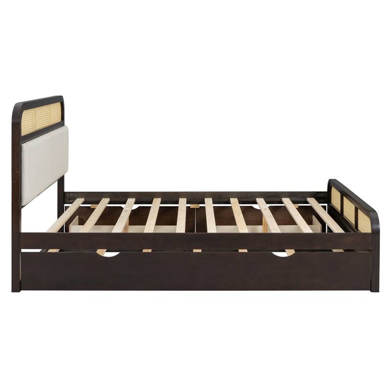 Queen size Wooden Platform Bed with Twin Trundle and 2 Storage Drawers, Classic Rattan Bed Frame with Upholstered Headboard
