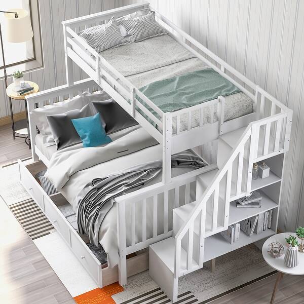 slide 2 of 41, Stairway Twin-Over-Full Bunk Bed w/ Drawer, Storage and Guard Rail for Bedroom, Dorm White