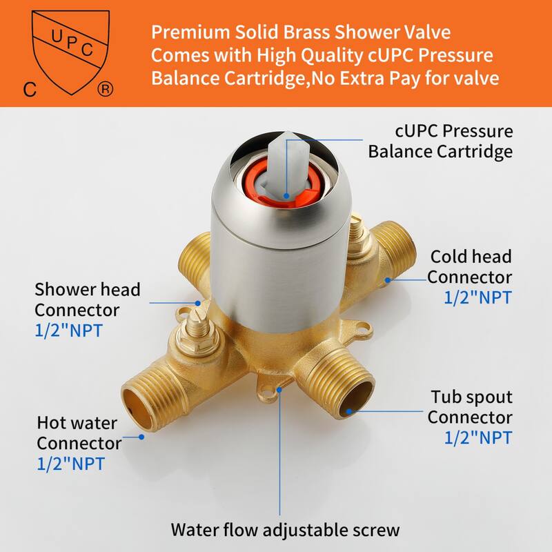 Modland Tub and Shower Faucet Set 6" Rain Head cUPC Pressure Balance Valve Anti-Scald Kit with Alloy Diverter Spout