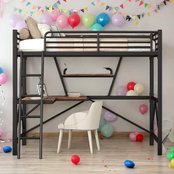 slide 2 of 24, Full Loft Bed with Desk and Shelf Black