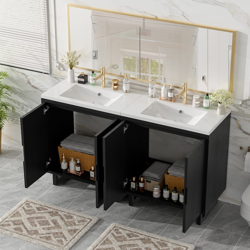 2-Piece Bathroom Vanity Set with Resin Sink, Freestanding Double Sink Bathroom Storage Cabinet, Solid Wood Frame