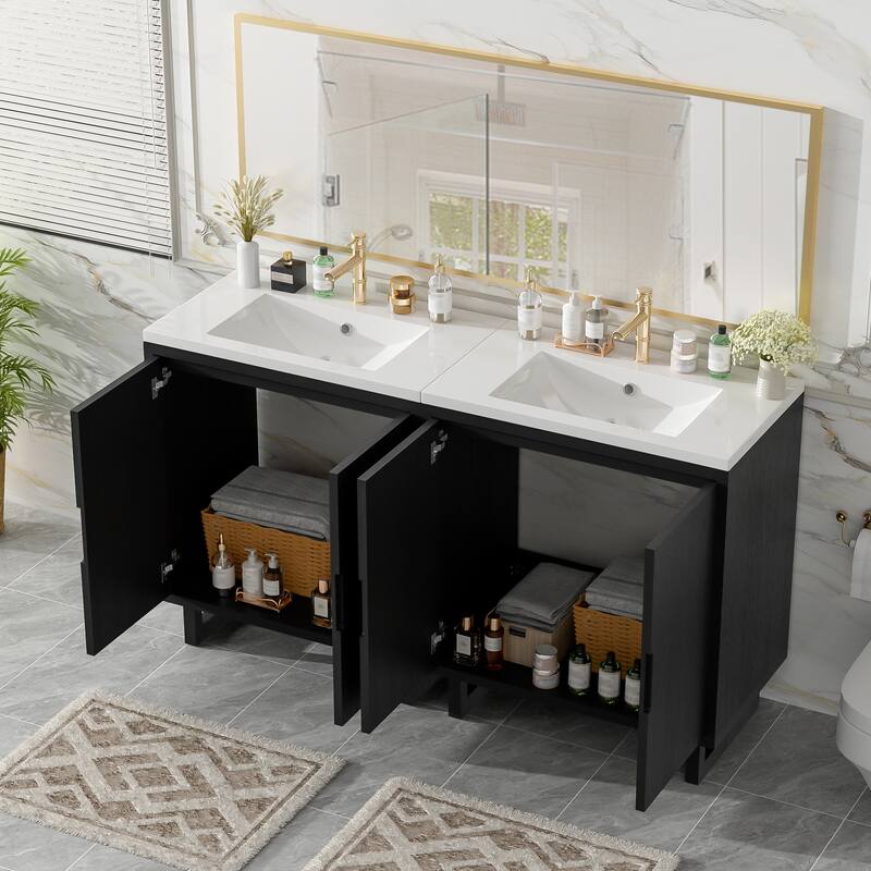 GDFStudio - Transitional Double Bathroom Vanity Set with Resin Sink, Soft Close Doors & Solid Wood Legs, Set of 2