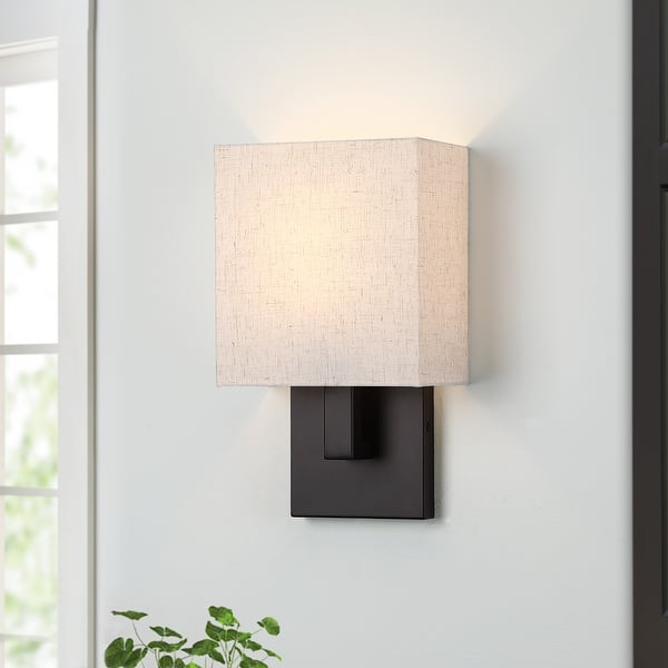 slide 2 of 20, 12in H Dark Bronze Wall Sconce Light With Oatmeal Fabric Shade 7in W-1 light