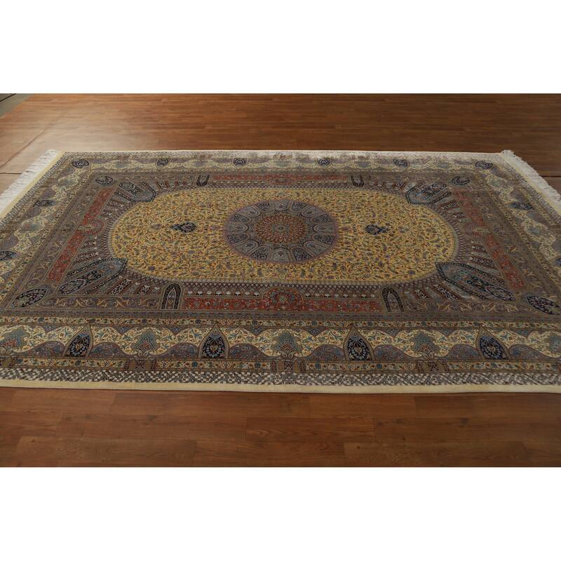 Hand Knotted Oriental 100% Silk Carpet Traditional Floral Yellow & Gold Qum Area Rug - 10' 2'' X 6' 5''