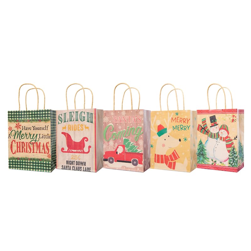 Pack of 15 Assorted Medium Christmas Gift Bags with Handle - 8"